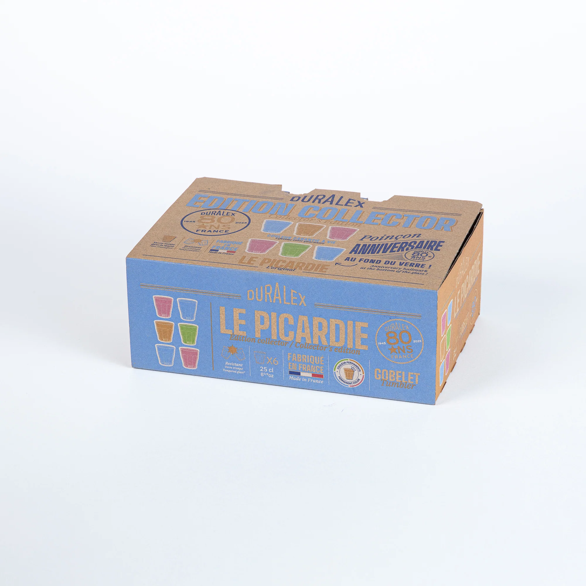 Le Picardie - Verre 25cl panaché couleurs -  80 ans (Lot de 6)